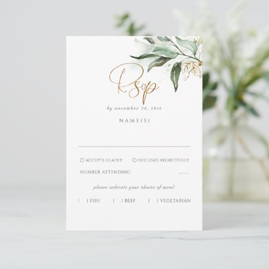 Delikate Greenery und Gold Blätter Hochzeit RSVP (Stehend Vorderseite)