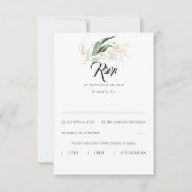 Delikate Greenery und Gold Blätter Hochzeit RSVP