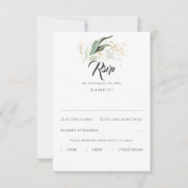 Delikate Greenery und Gold Blätter Hochzeit RSVP Karte