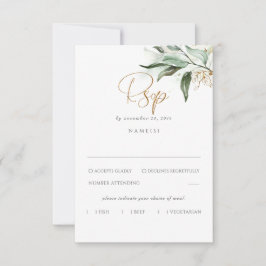 Delikate Greenery und Gold Blätter Hochzeit RSVP Karte