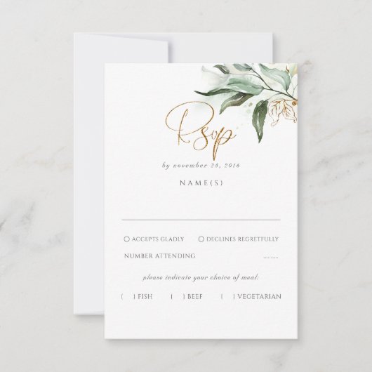 Delikate Greenery und Gold Blätter Hochzeit RSVP Karte (Vorderseite)