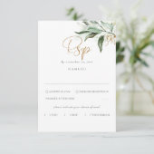 Delikate Greenery und Gold Blätter Hochzeit RSVP Karte (Stehend Vorderseite)