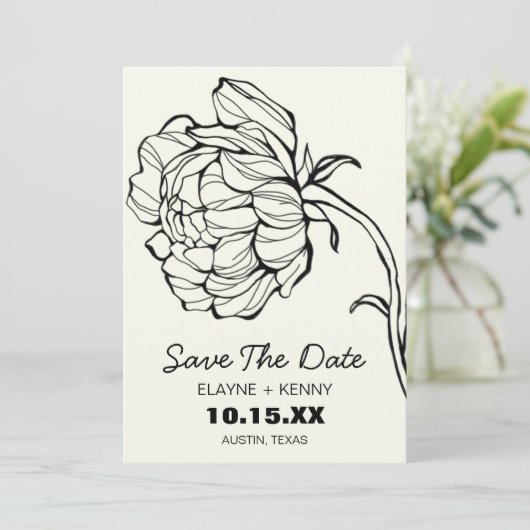 Delikate, handgezogene Peony Save The Date (Stehend Vorderseite)