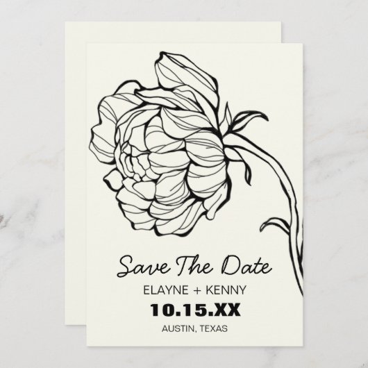Delikate, handgezogene Peony Save The Date (Vorne/Hinten)