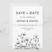 Delikate, handgezogene wilde Blume Schwarz-weiße N Save The Date (Vorne/Hinten)