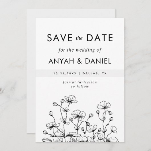 Delikate, handgezogene wilde Blume Schwarz-weiße N Save The Date (Vorne/Hinten)