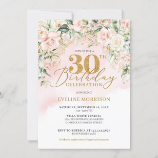 Delikate hellrosa Rose grün Gold 30. Geburtstag Einladung