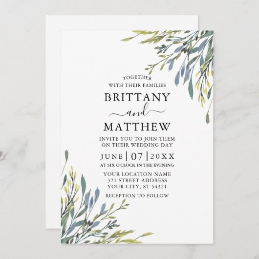 Delikate Hochzeit im botanischen Grünen Einladung (Vorne/Hinten)