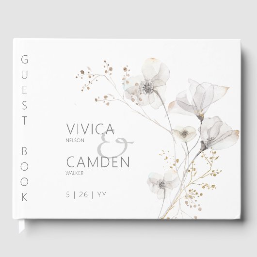 Delikate Hochzeit in weißem Grau & Gold Gästebuch (Vorderseite)