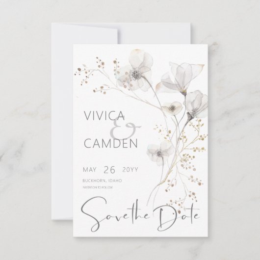 Delikate Hochzeit in weißem Grau & Gold Save The Date (Vorderseite)