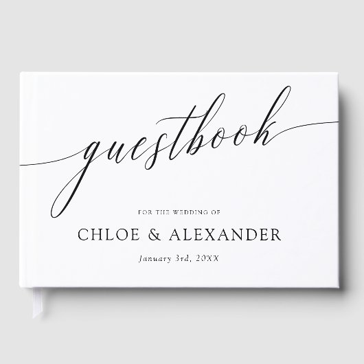 Delikate Kalligrafie Black & White Wedding Gästebuch (Vorderseite)