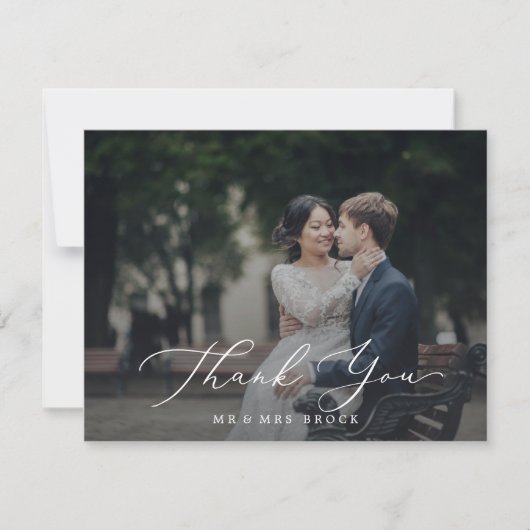 Delikate Kalligrafie Dunkles Foto Overlay Dankeskarte (Vorderseite)