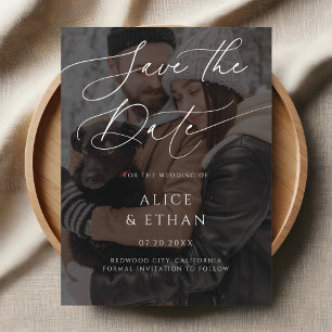 Delikate Kalligrafie-Foto Hochzeit speichern das D Einladungspostkarte