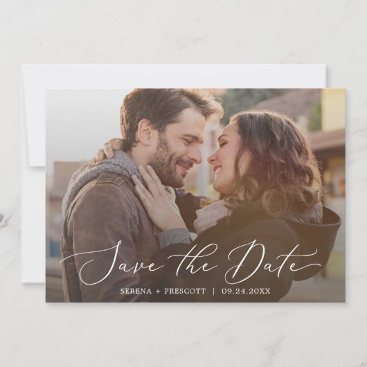 Delikate Kalligrafie Horizontal Dunkles Foto Overl Save The Date (Vorderseite)