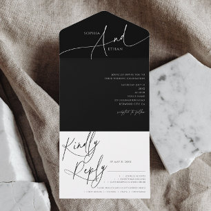 Delikate Kalligrafie Minimalistisch Black Wedding All In One Einladung