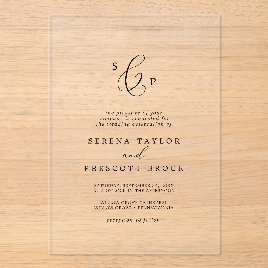 Delikate Kalligraphie Monogram Elegant Wedding Acryleinladungen (Vorderseite)