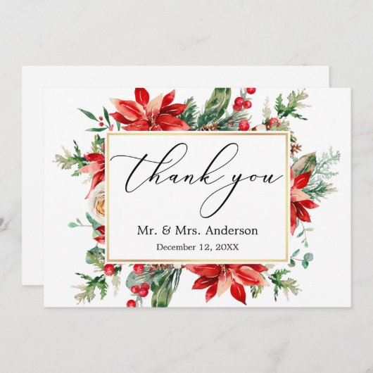 Delikate Kalligraphie Poinsettia Grüne Hochzeit Dankeskarte (Vorne/Hinten)