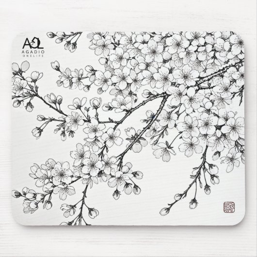 Delikate Kirschblossom Kunst in Monochrom Mousepad (Vorne)