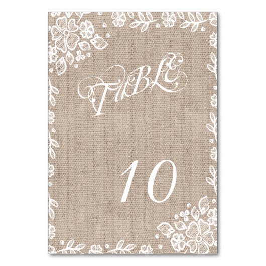 Delikate Lace Burlap Rustic Wedding Tischnummern (Rückseite)