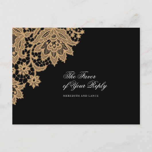 Delikate Lace Corner Black and Gold Wedding Antwor Einladungspostkarte (Vorderseite)