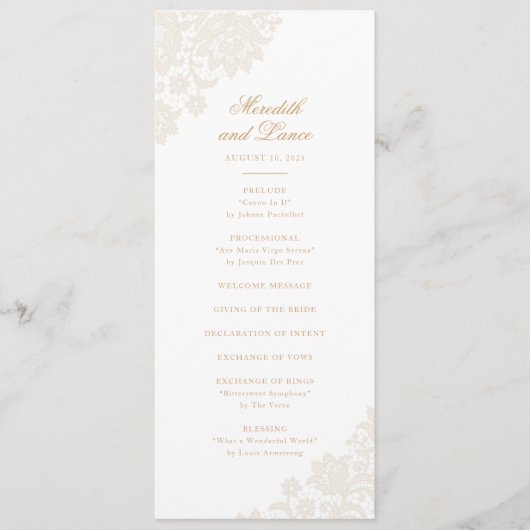 Delikate Lace Corner Elfenbein und Gold Script Wed Programm (Vorderseite)