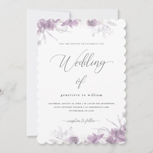 Delikate Lila Blüte mit kalligrafischer Hochzeit Einladung (Vorderseite)