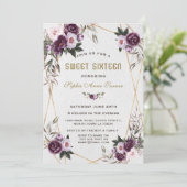 Delikate Lila Pink Peony Blume Gold Sweet 16 Einladung (Stehend Vorderseite)