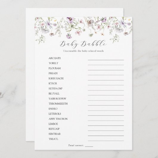 Delikate Lila Wildblume Baby Babble Scramble Einladung (Vorne/Hinten)