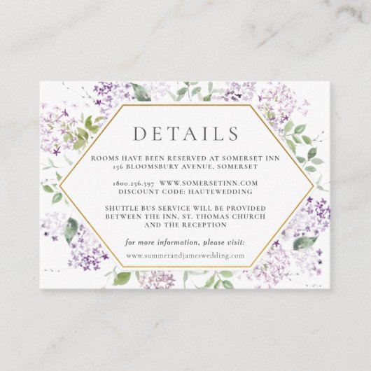 Delikate Lilac Blumengrün Details Hochzeiten Begleitkarte (Vorderseite)
