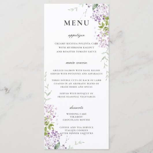 Delikate Lilac Lila Blumengrün Hochzeitsmenü Programm (Vorderseite)