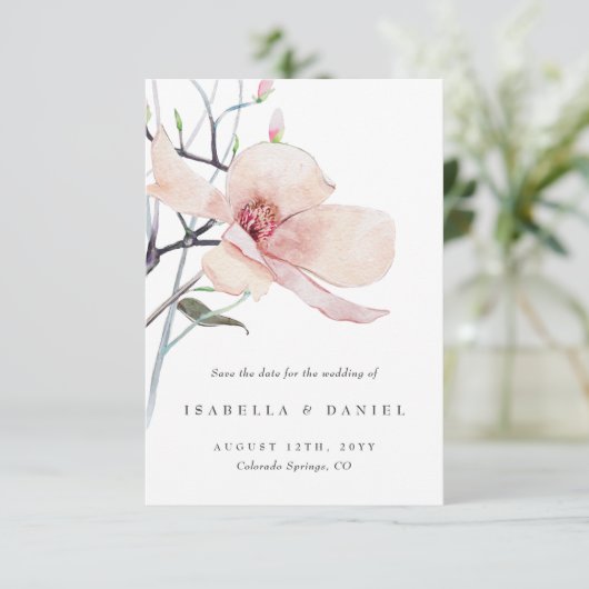 Delikate Magnolia Hochzeit retten das Datum Einladung (Stehend Vorderseite)
