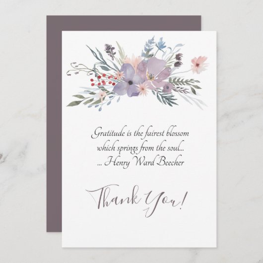 Delikate Mauve Floral Spray in Wasserfarben Dankeskarte (Vorne/Hinten)