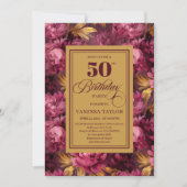 Delikate Merlot-Errötung Gold Blüte 50. Geburtstag Einladung (Vorderseite)