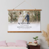 Delikate moderne Script Foto Hochzeit Willkommen Wandteppich Mit Holzrahmen (Schlafzimmer)