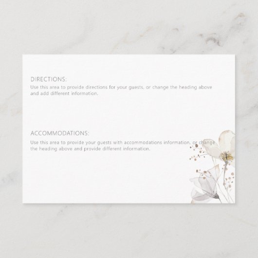 Delikate, moderne, weiße Grau- und Goldflordetails Begleitkarte (Rückseite)