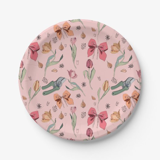 Delikate Niedliche Blume Tulips und Bows Rosa Pappteller (Vorderseite)