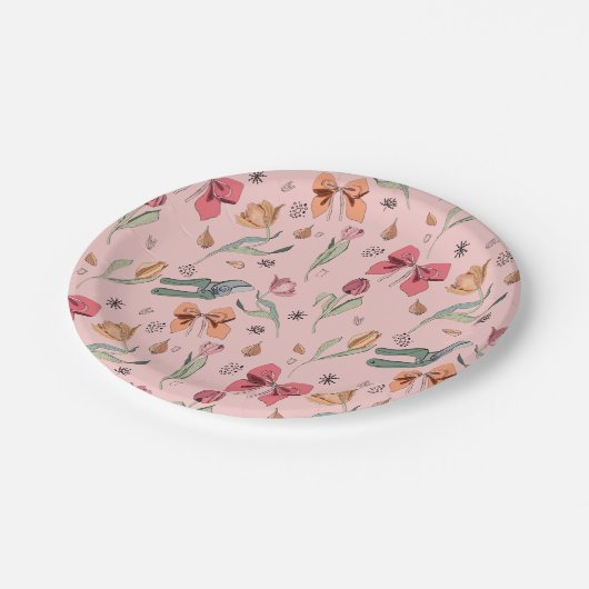 Delikate Niedliche Blume Tulips und Bows Rosa Pappteller (Schrägansicht)