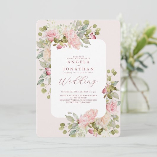 Delikate Pastel Florals Wedding Einladung (Stehend Vorderseite)