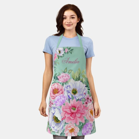 Delikate Pastel Watercolor Summer Florals Schürze (Getragen)