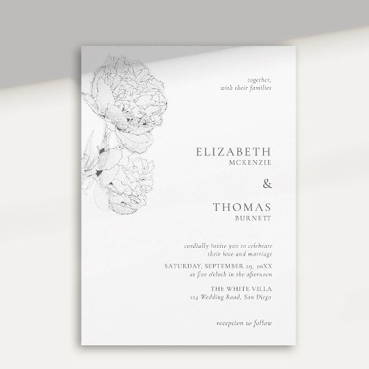 Delikate Peonies Ink Schwarz-weiß Elegante Hochzei Einladung