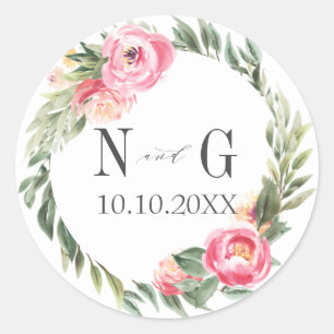 Delikate Peony Typografy Chic Monogram Wedding Runder Aufkleber
