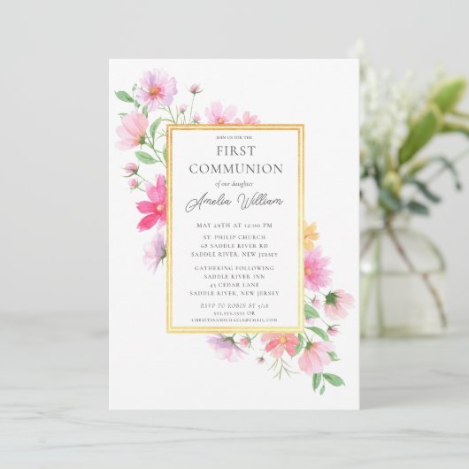 Delikate Petals Erste Kommune Einladung (Stehend Vorderseite)