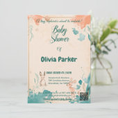 Delikate Pfirsich und Aquamarine Wasserfarben Baby Einladung (Stehend Vorderseite)