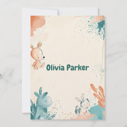Delikate Pfirsich und Aquamarine Wasserfarben Baby Einladung (Rückseite)