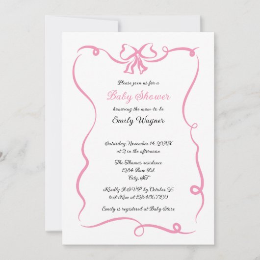 Delikate Pink Bow Baby Dusche Einladung (Vorderseite)