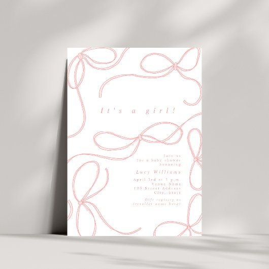 Delikate Pink Bows Girl Babydusche Coquette Einladung
