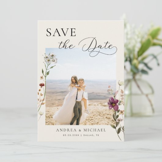 Delikate Romantische Elfenbein-Wildblumen Foto Hoc Save The Date (Stehend Vorderseite)