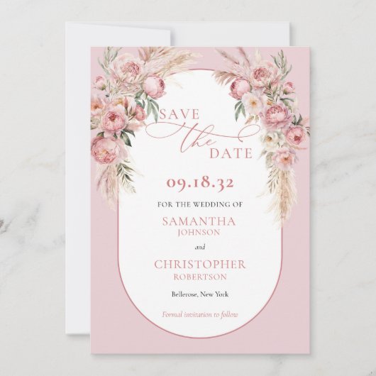 Delikate rosa Blume boho arch pampas eucalyptus Save The Date (Vorderseite)