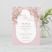 Delikate rosa Blume boho arch pampas eucalyptus Save The Date (Stehend Vorderseite)