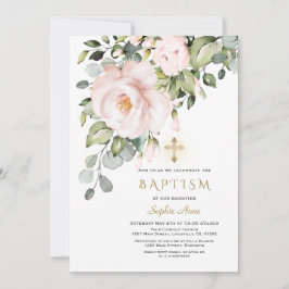 Delikate rosa Blume Gold Cross Girl Taufe Einladung